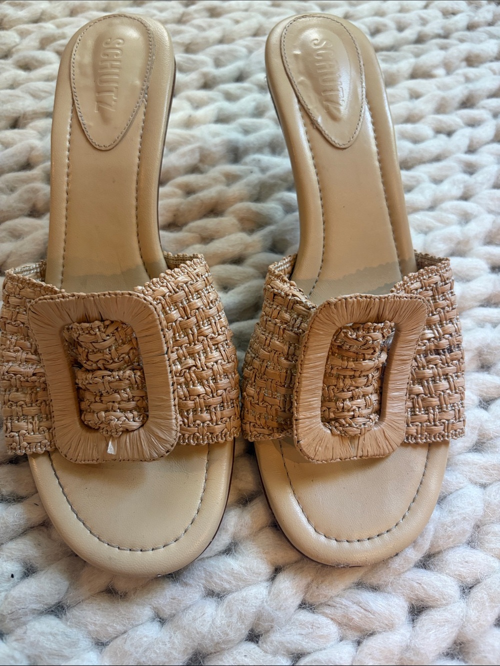 SCHUTZ Tan Raffia Buckle Slide Mules